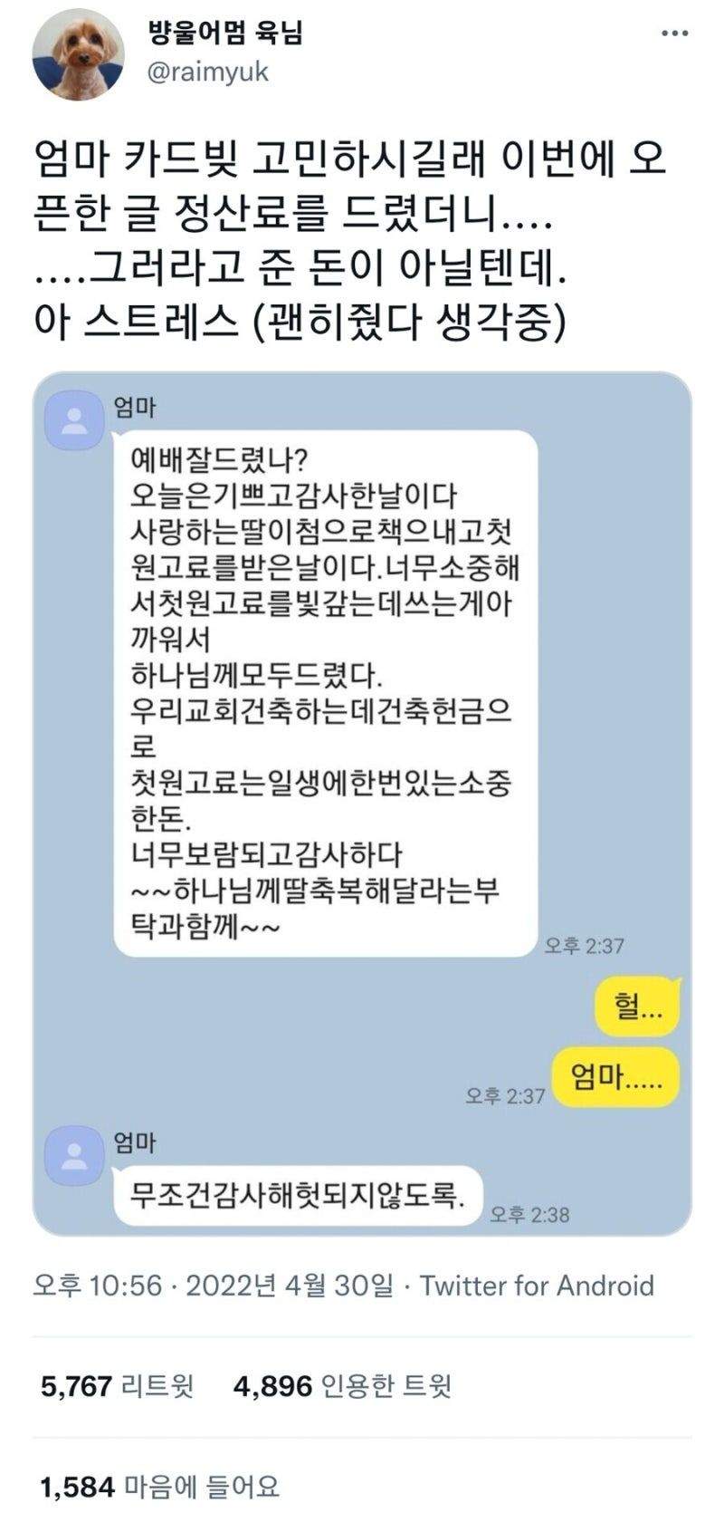 카드빚 갚으라고  번돈을 엄마드린 딸