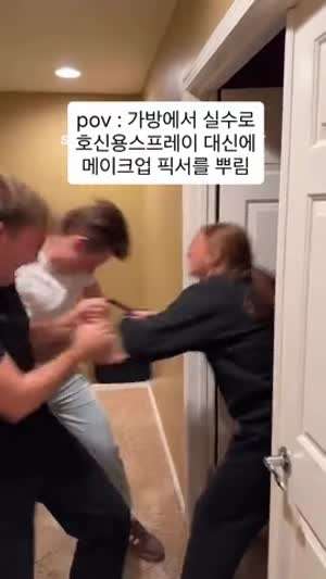 실수로 호신용스프레이 대신 메이크업 픽서를 뿌림